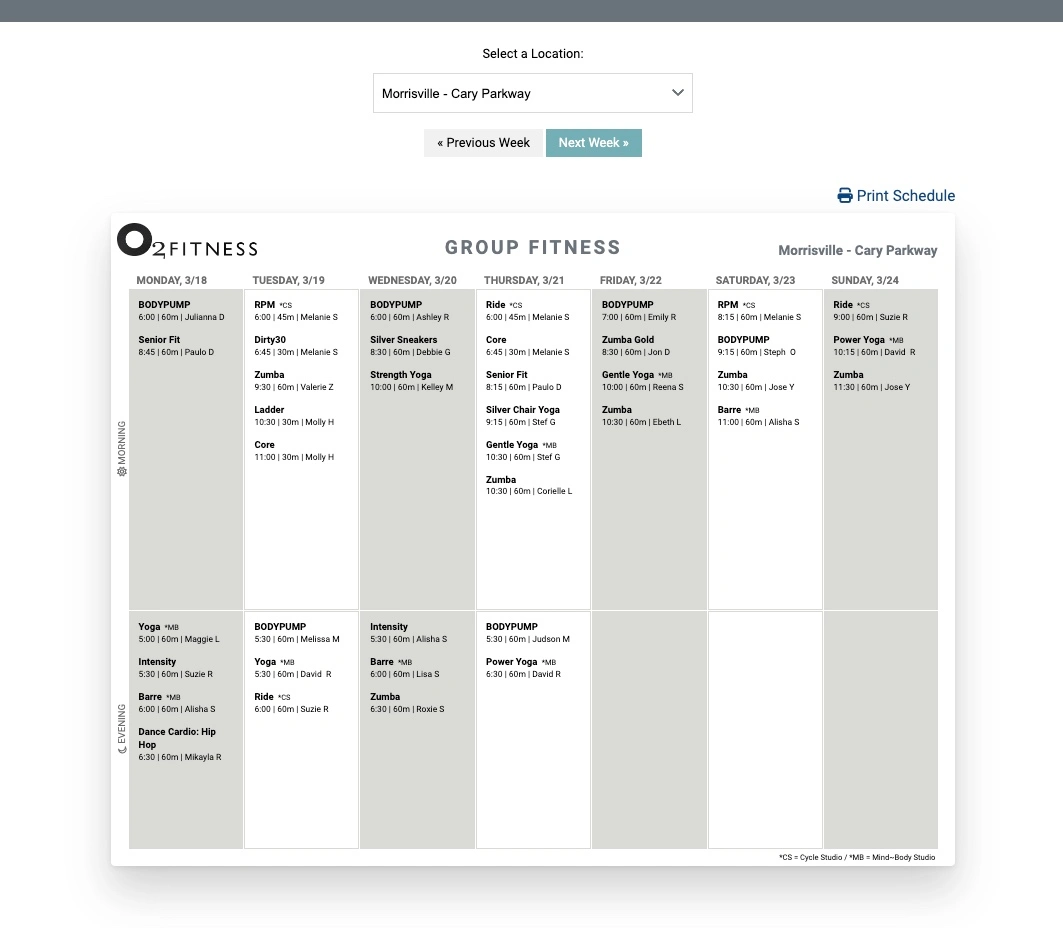 O2 Fitness Printable Schedule